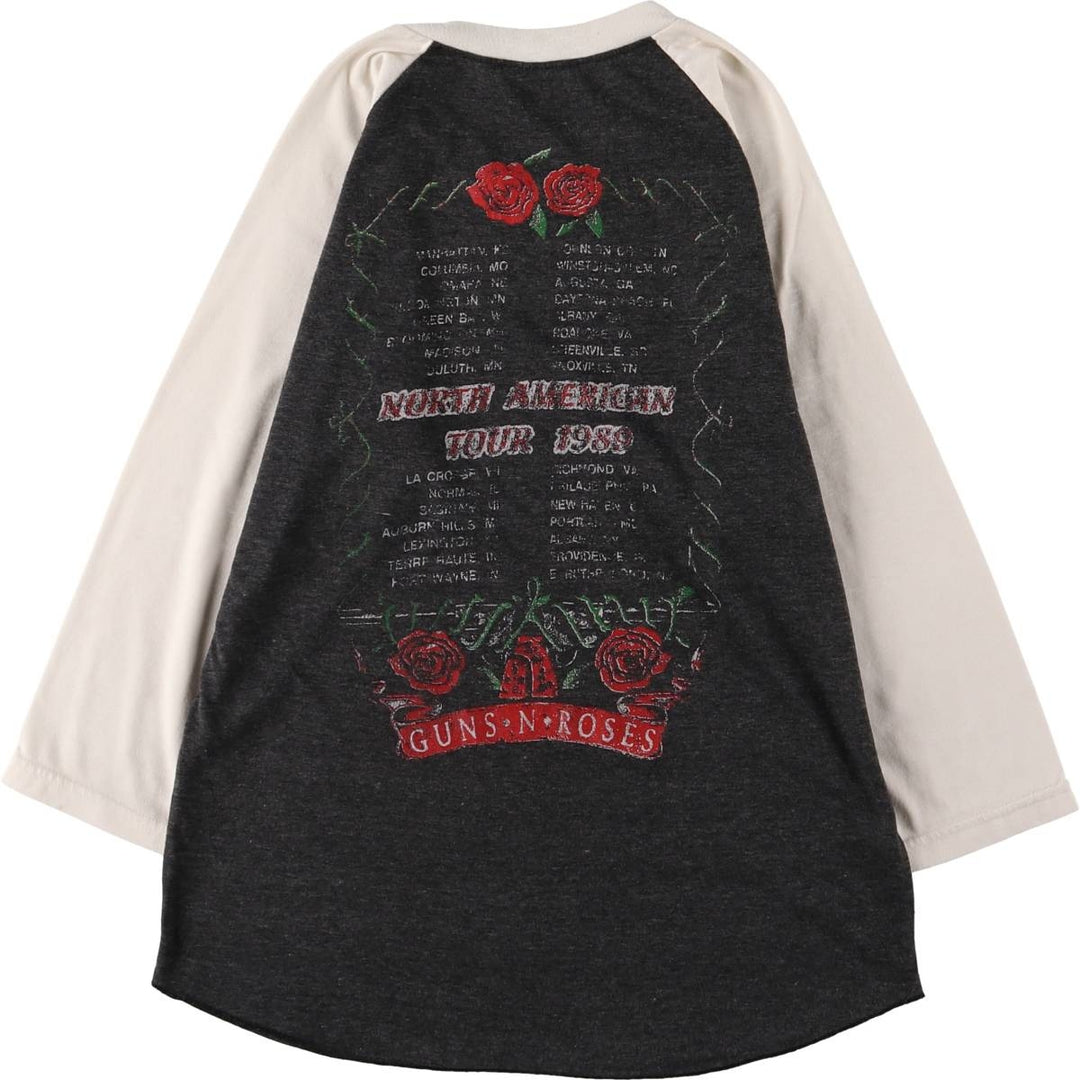 Guns N' Roses Skull Pattern 3/4 Sleeve Raglan Band T-Shirt, Women's Size Medium unclear Charcoal Vintage Second Hand