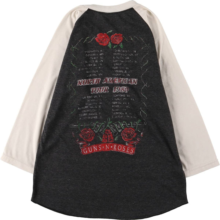 Guns N' Roses Skull Pattern 3/4 Sleeve Raglan Band T-Shirt, Women's Size Medium unclear Charcoal Vintage Second Hand
