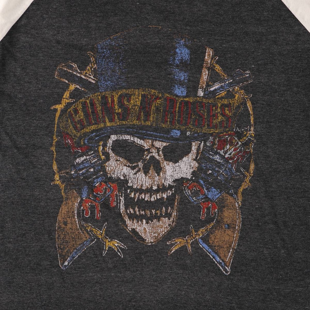 Guns N' Roses Skull Pattern 3/4 Sleeve Raglan Band T-Shirt, Women's Size Medium unclear Charcoal Vintage Second Hand