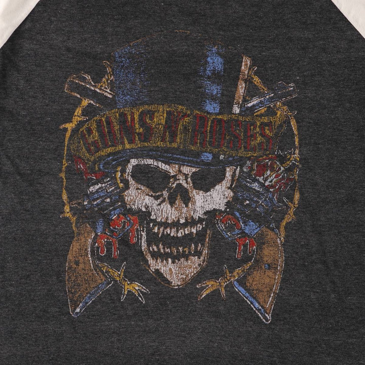 Guns N' Roses Skull Pattern 3/4 Sleeve Raglan Band T-Shirt, Women's Size Medium unclear Charcoal Vintage Second Hand