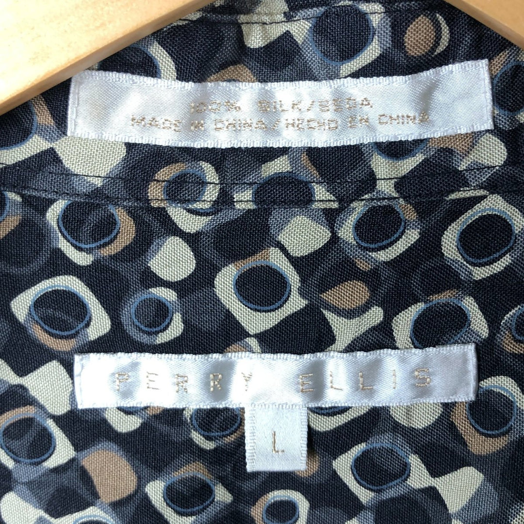 Perry Ellis all-over print short-sleeved silk box shirt, men's size L silk multicolor Vintage Second Hand