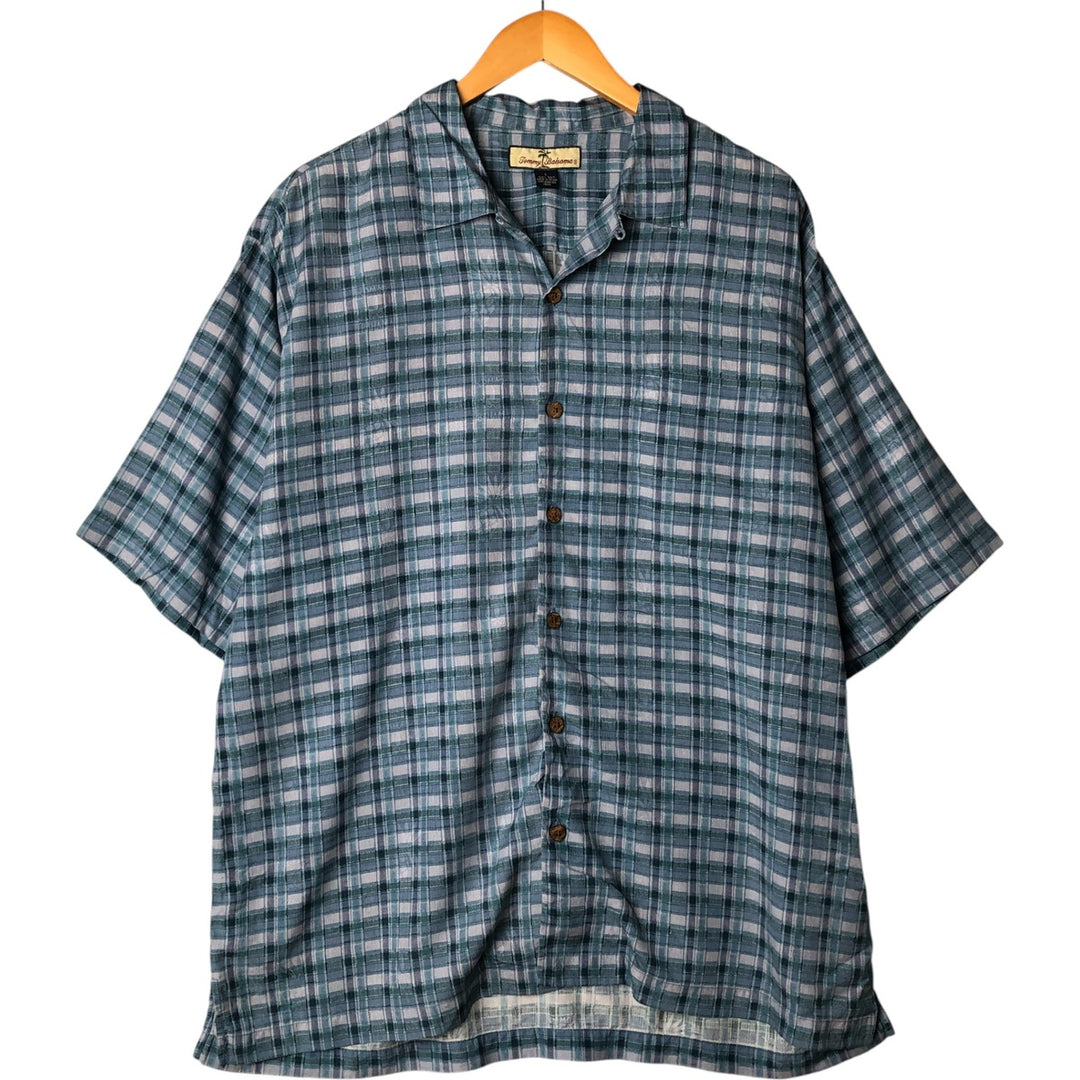 Tommy Bahama Open Collar Check Pattern Short Sleeve Silk Shirt, Box Shirt, Men's Size L silk turquoise blue Vintage Second Hand