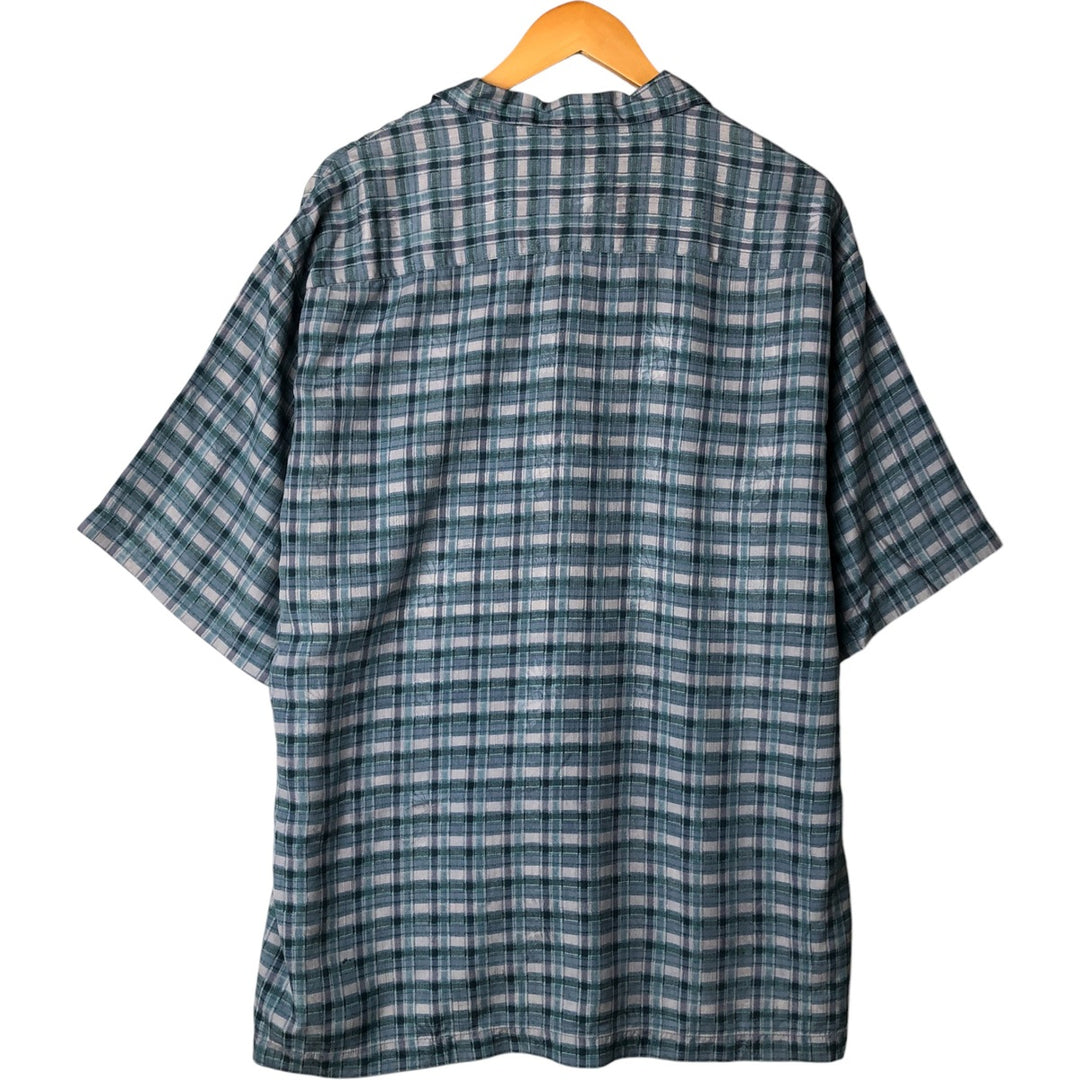 Tommy Bahama Open Collar Check Pattern Short Sleeve Silk Shirt, Box Shirt, Men's Size L silk turquoise blue Vintage Second Hand
