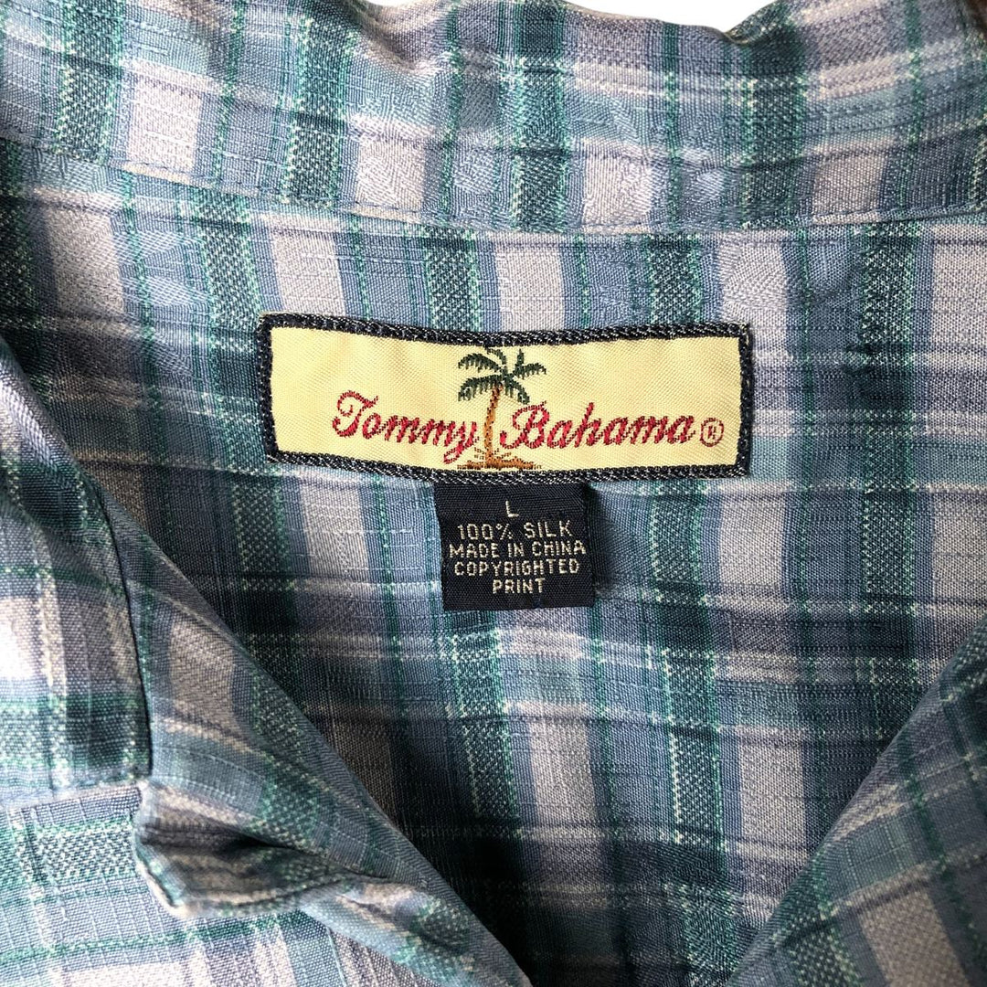 Tommy Bahama Open Collar Check Pattern Short Sleeve Silk Shirt, Box Shirt, Men's Size L silk turquoise blue Vintage Second Hand
