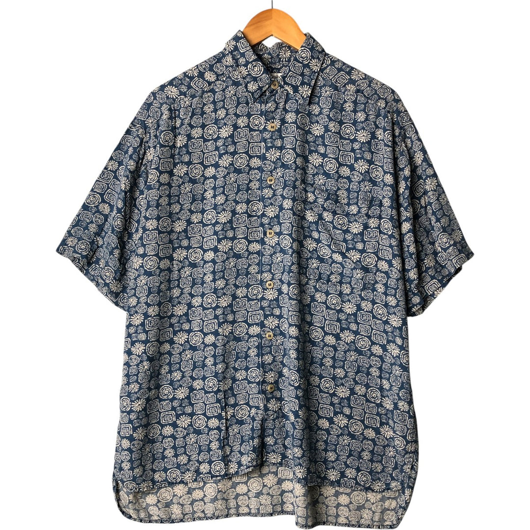 Liz Claiborne all-over print short-sleeved rayon shirt, men's size M Rayon Navy blue Vintage Second Hand