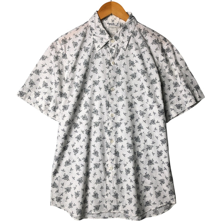 agnes b. HOMME floral print short-sleeved cotton check shirt, men's size M cotton white type Vintage Second Hand