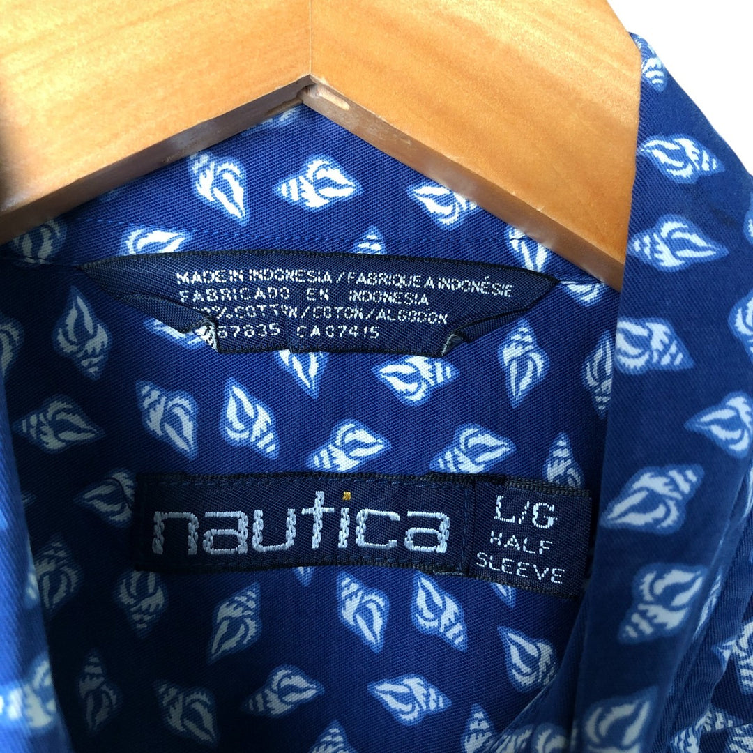 Vintage 90'S NAUTICA all-over print short-sleeved cotton shirt, size L, men's cotton Navy blue Vintage Second Hand