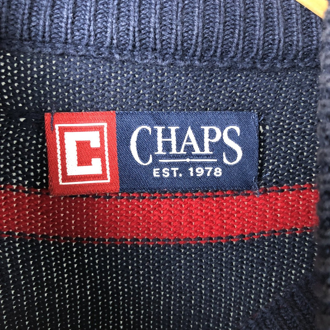 CHAPS Border Pattern Cotton Knit Half-Zip Sweater, Men's Size L cotton navy blue type Vintage Second Hand