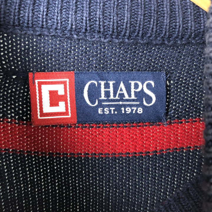 CHAPS Border Pattern Cotton Knit Half-Zip Sweater, Men's Size L cotton navy blue type Vintage Second Hand