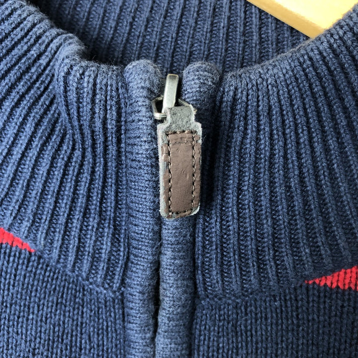CHAPS Border Pattern Cotton Knit Half-Zip Sweater, Men's Size L cotton navy blue type Vintage Second Hand