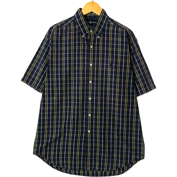 Ralph Lauren BLAIRE short sleeve button down check shirt, men's size M cotton navy blue type Vintage Second Hand