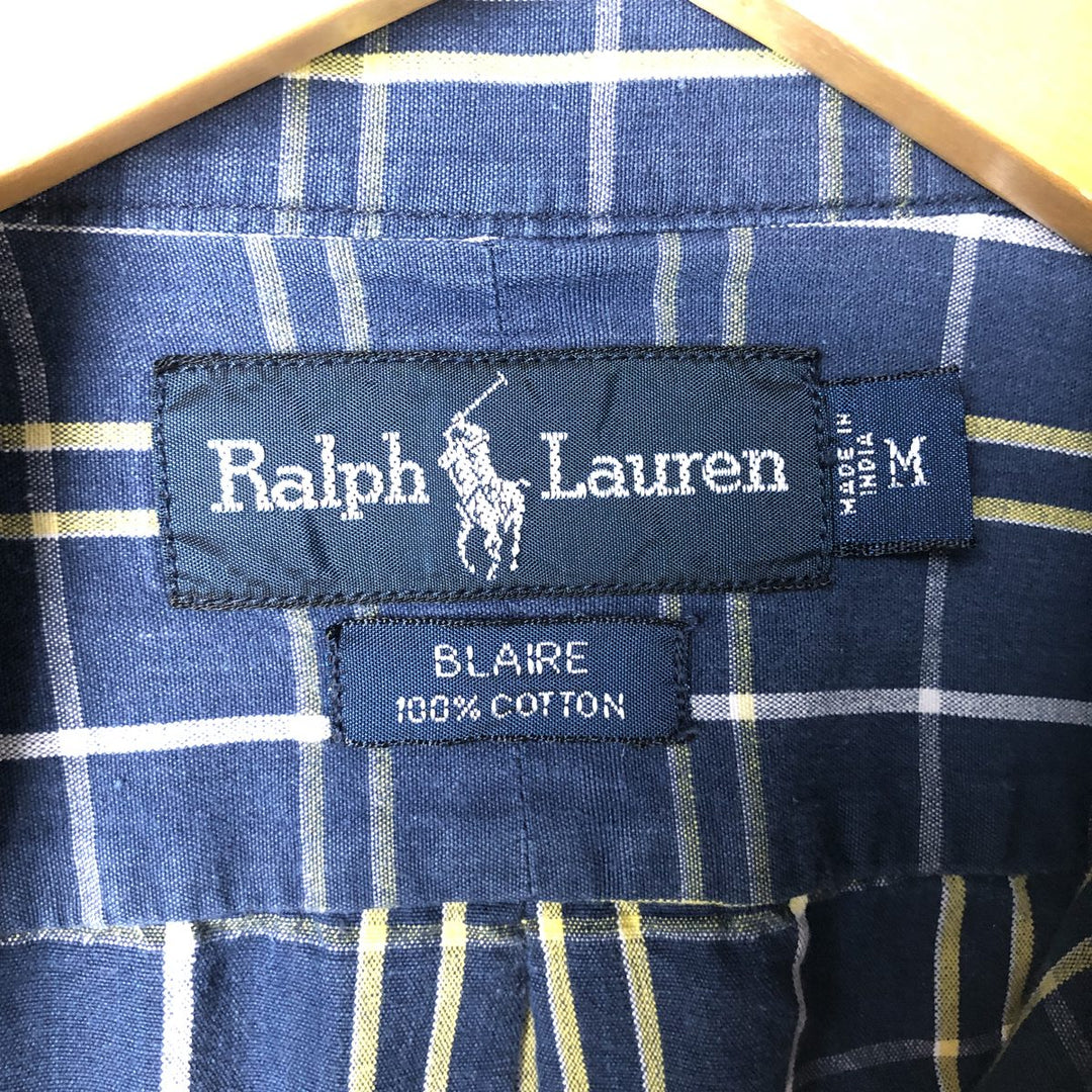 Ralph Lauren BLAIRE short sleeve button down check shirt, men's size M cotton navy blue type Vintage Second Hand