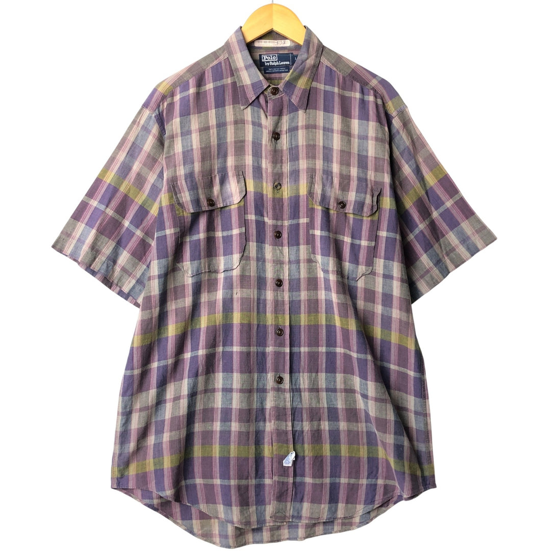 Ralph Lauren POLO by Ralph Lauren Madras Check Short Sleeve Cotton Check Shirt, Men's Size L cotton purple type Vintage Second Hand