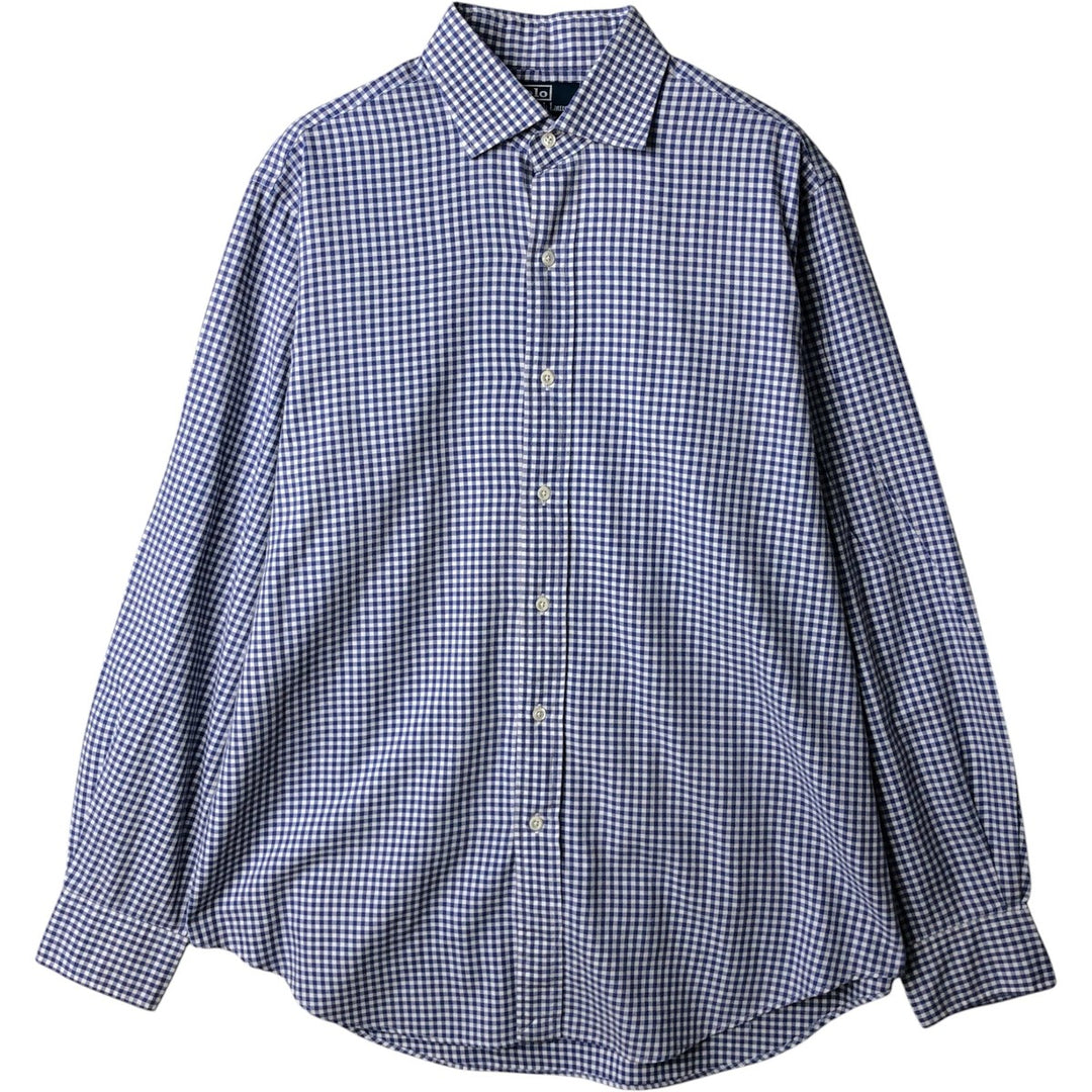 Ralph Lauren Regent Classic Fit Gingham Check Wide Collar Long Sleeve Cotton Check Shirt, Men's Size L cotton Navy blue Vintage Second Hand
