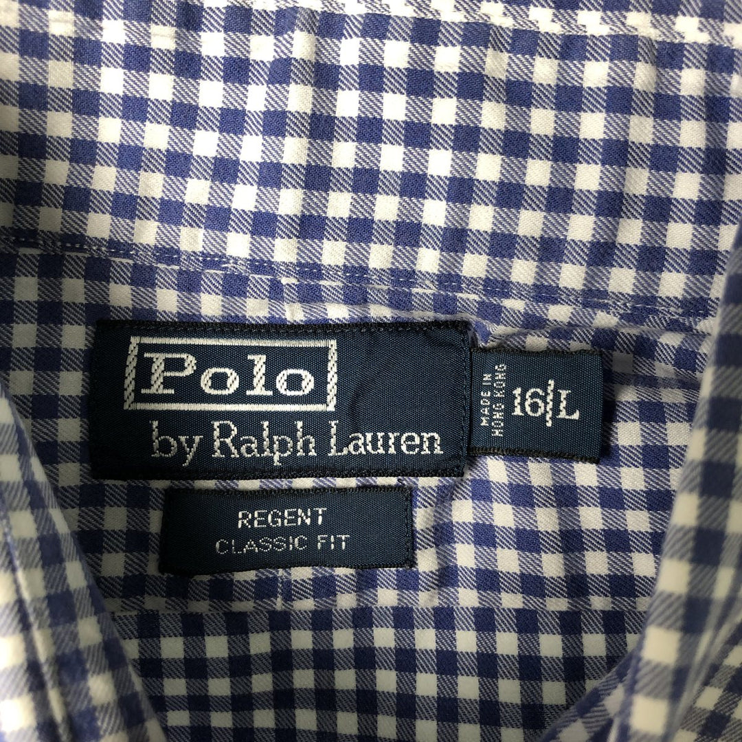Ralph Lauren Regent Classic Fit Gingham Check Wide Collar Long Sleeve Cotton Check Shirt, Men's Size L cotton Navy blue Vintage Second Hand