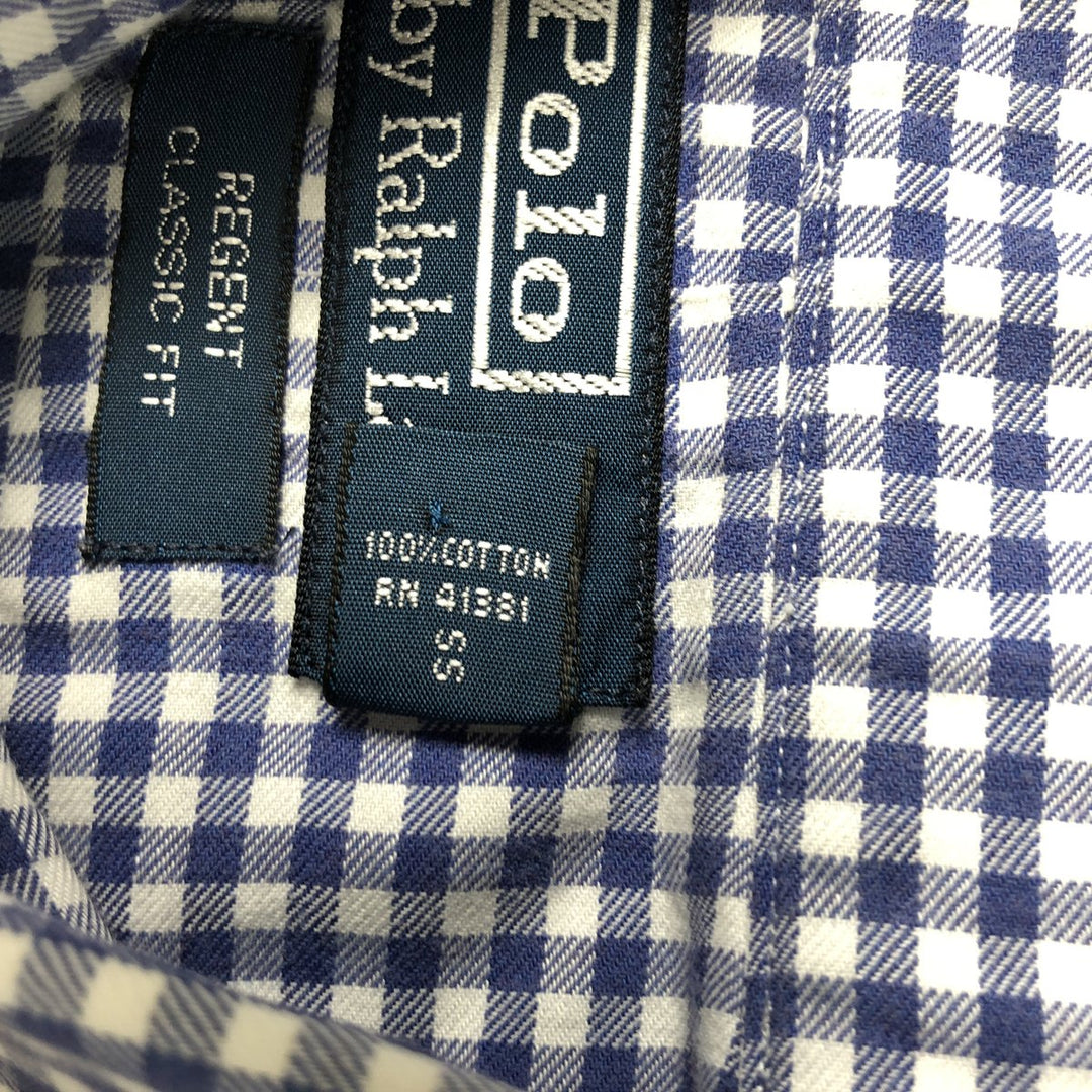 Ralph Lauren Regent Classic Fit Gingham Check Wide Collar Long Sleeve Cotton Check Shirt, Men's Size L cotton Navy blue Vintage Second Hand