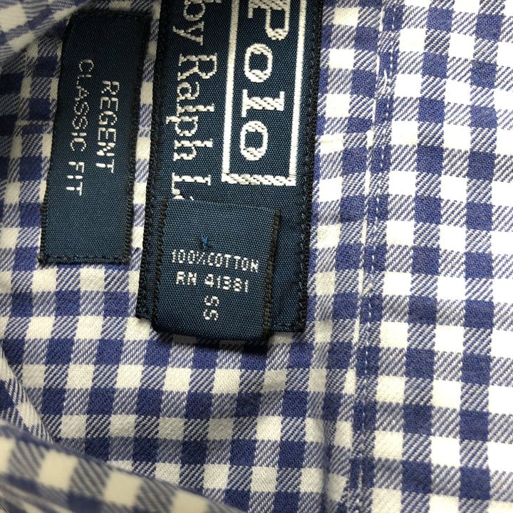Ralph Lauren Regent Classic Fit Gingham Check Wide Collar Long Sleeve Cotton Check Shirt, Men's Size L cotton Navy blue Vintage Second Hand
