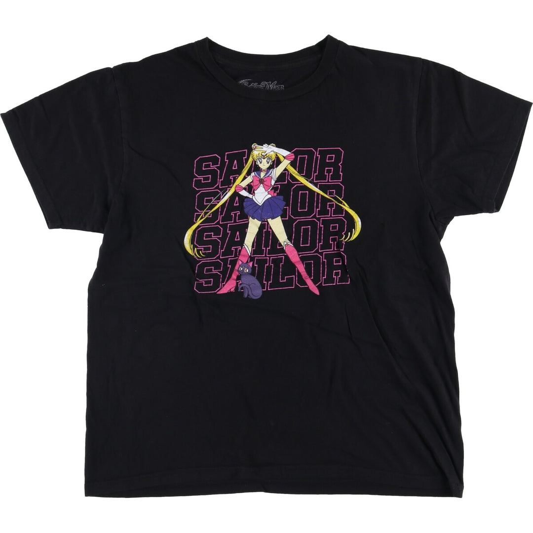 SAILOR MOON Pretty Guardian Sailor Moon Tsukino Usagi Anime Character Print T-Shirt Men's L size cotton black type Vintage Second Hand