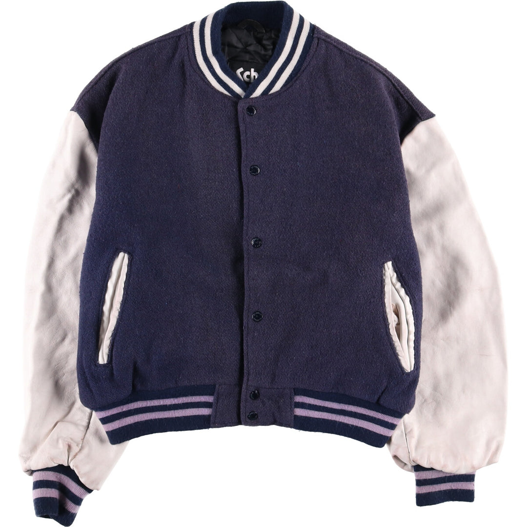 90'S SCHOTT padded varsity jacket with leather sleeves and wool buttons, made in the USA, men's size XL. Vintage. unclear navy blue type Vintage Second Hand