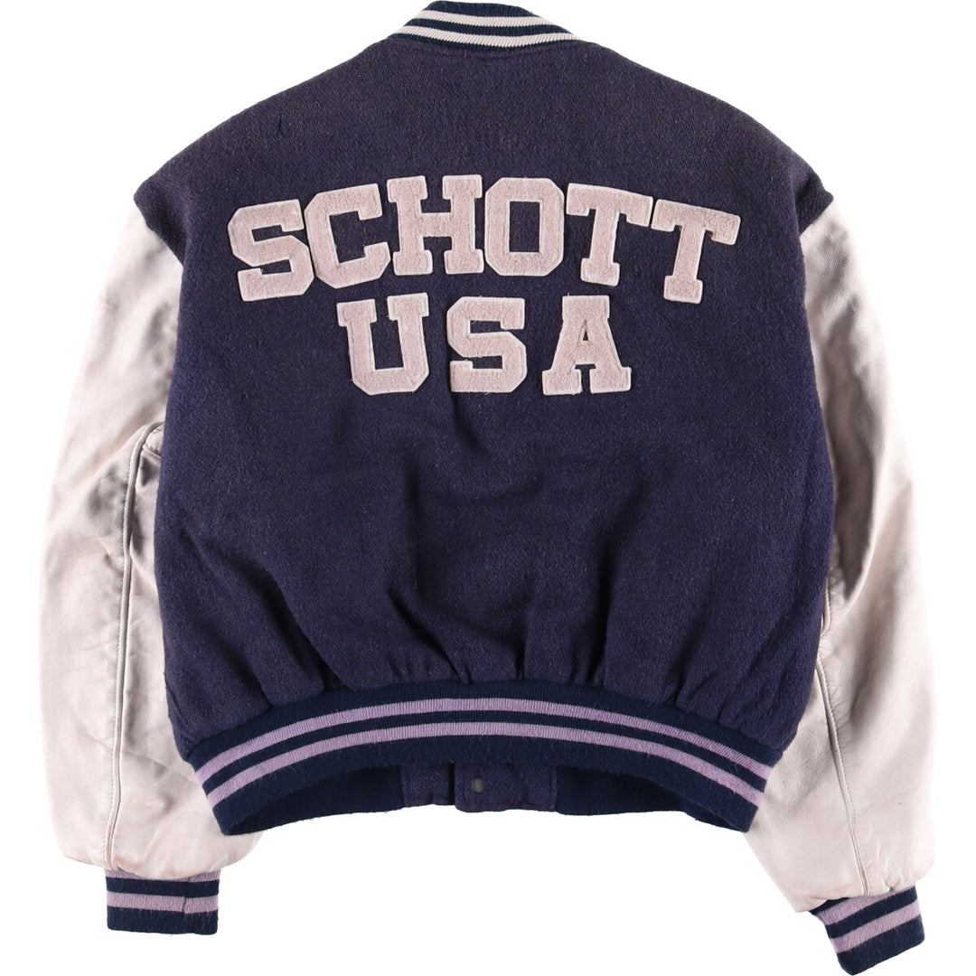 90'S SCHOTT padded varsity jacket with leather sleeves and wool buttons, made in the USA, men's size XL. Vintage. unclear navy blue type Vintage Second Hand