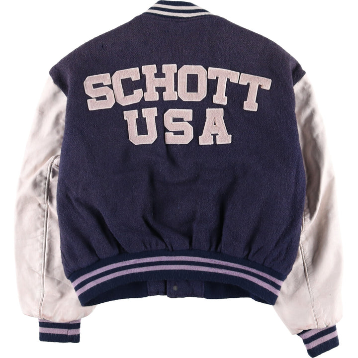 90'S SCHOTT padded varsity jacket with leather sleeves and wool buttons, made in the USA, men's size XL. Vintage. unclear navy blue type Vintage Second Hand
