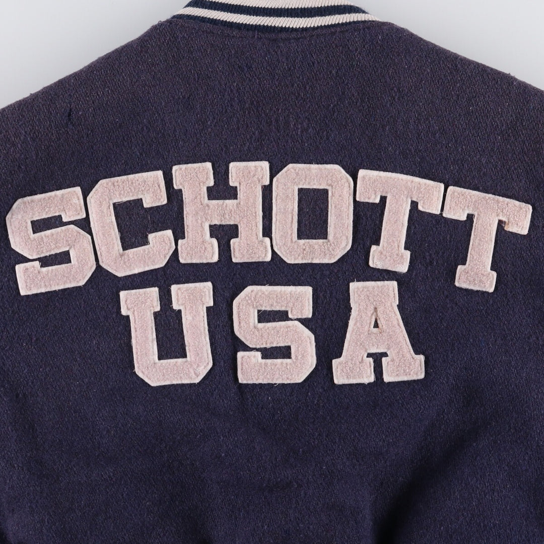90'S SCHOTT padded varsity jacket with leather sleeves and wool buttons, made in the USA, men's size XL. Vintage. unclear navy blue type Vintage Second Hand