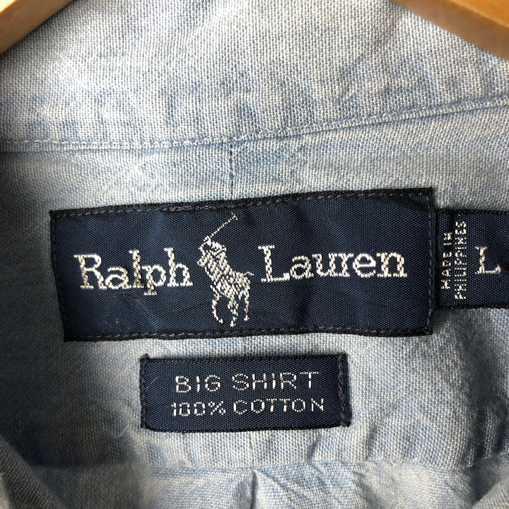 Ralph Lauren BIG SHIRT Long sleeve button down shirt Men's size L cotton Blue type light blue Vintage Second Hand