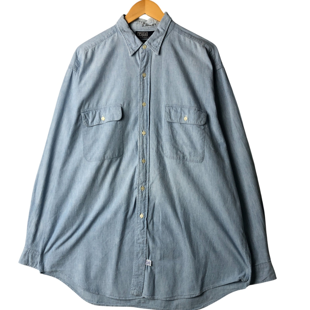 Vintage 90'S Ralph Lauren POLO by Ralph Lauren long-sleeved cotton shirt, Made in USA, Men's XL cotton Blue type light blue Vintage Second Hand