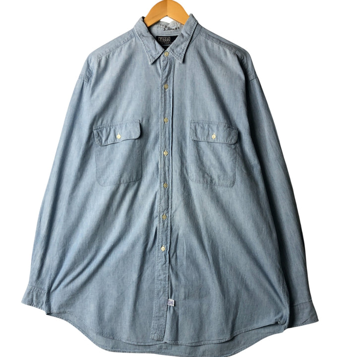 Vintage 90'S Ralph Lauren POLO by Ralph Lauren long-sleeved cotton shirt, Made in USA, Men's XL cotton Blue type light blue Vintage Second Hand