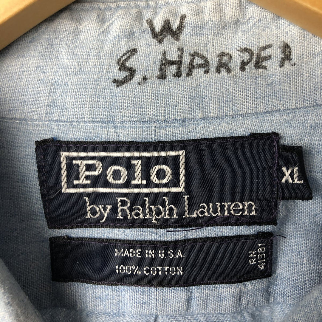 Vintage 90'S Ralph Lauren POLO by Ralph Lauren long-sleeved cotton shirt, Made in USA, Men's XL cotton Blue type light blue Vintage Second Hand