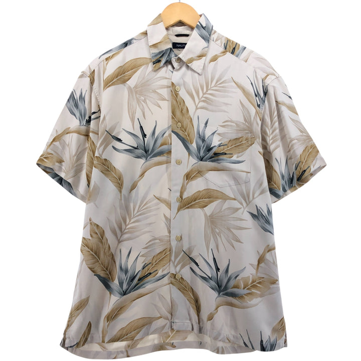 2000s~ NAUTICA All-Over Leaf Pattern Silk Hawaiian Aloha Shirt, Men's Size Medium silk ivory Vintage Second Hand