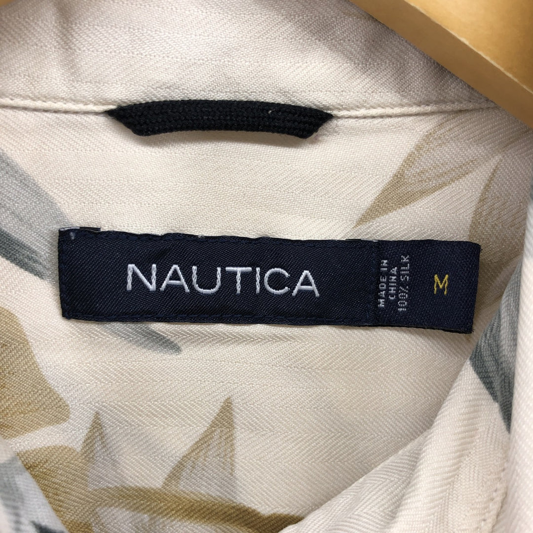 2000s~ NAUTICA All-Over Leaf Pattern Silk Hawaiian Aloha Shirt, Men's Size Medium silk ivory Vintage Second Hand