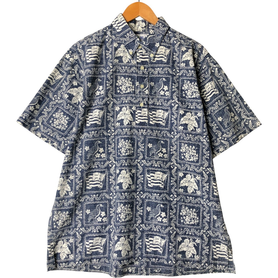 90'S Reyn Spooner Bikini Tag Print Rihana Sailor Pullover Button-Down Aloha Shirt Box Shirt cotton blue type Vintage Second Hand