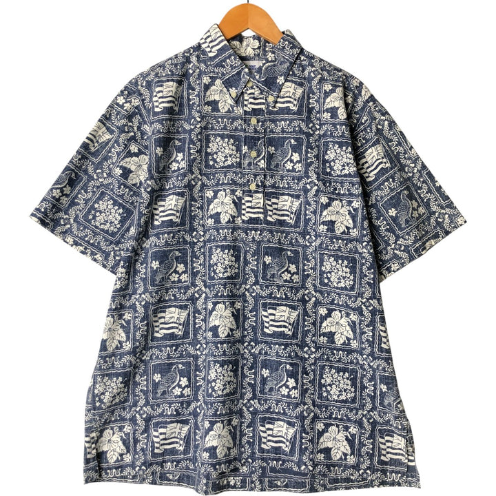 90'S Reyn Spooner Bikini Tag Print Rihana Sailor Pullover Button-Down Aloha Shirt Box Shirt cotton blue type Vintage Second Hand