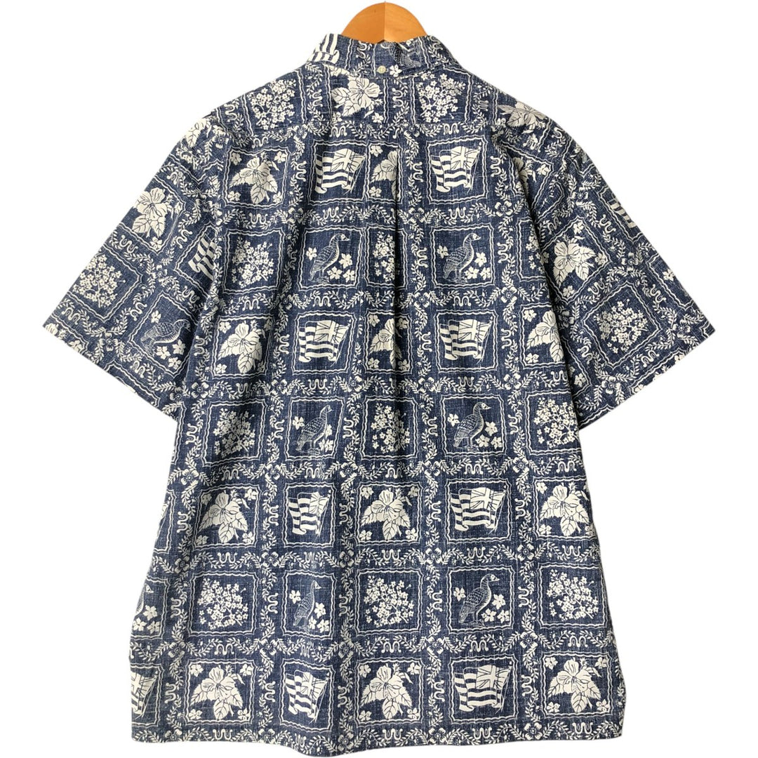 90'S Reyn Spooner Bikini Tag Print Rihana Sailor Pullover Button-Down Aloha Shirt Box Shirt cotton blue type Vintage Second Hand