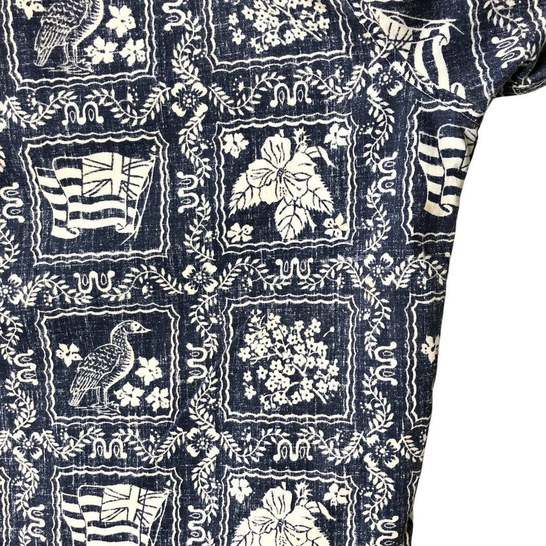 90'S Reyn Spooner Bikini Tag Print Rihana Sailor Pullover Button-Down Aloha Shirt Box Shirt cotton blue type Vintage Second Hand