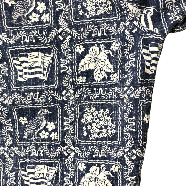 90'S Reyn Spooner Bikini Tag Print Rihana Sailor Pullover Button-Down Aloha Shirt Box Shirt cotton blue type Vintage Second Hand