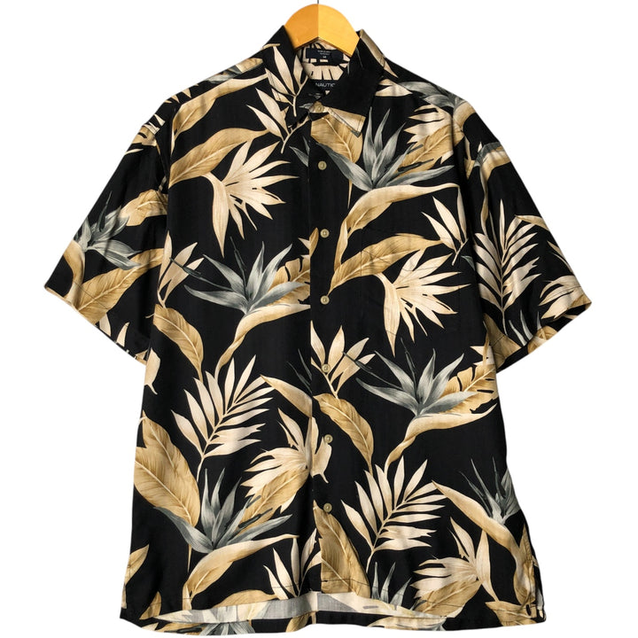 2000'S Nautica Leaf Pattern Silk Hawaiian Aloha Shirt, Men's Size Medium silk black type Vintage Second Hand