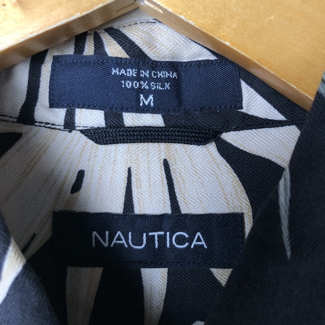 2000'S Nautica Leaf Pattern Silk Hawaiian Aloha Shirt, Men's Size Medium silk black type Vintage Second Hand