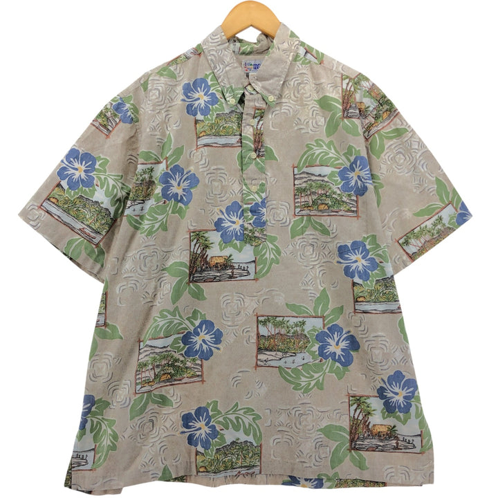 90'S Reyn Spooner Bikini Tag Print Pullover Button-Down Hawaiian Aloha Shirt, Box Shirt, Made in Hawaii cotton Beige type Vintage Second Hand