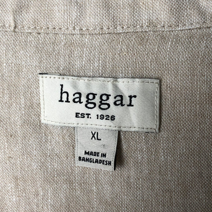 Haggar short-sleeved open-collar rayon and linen box shirt, men's size XL linen unbleached Vintage Second Hand