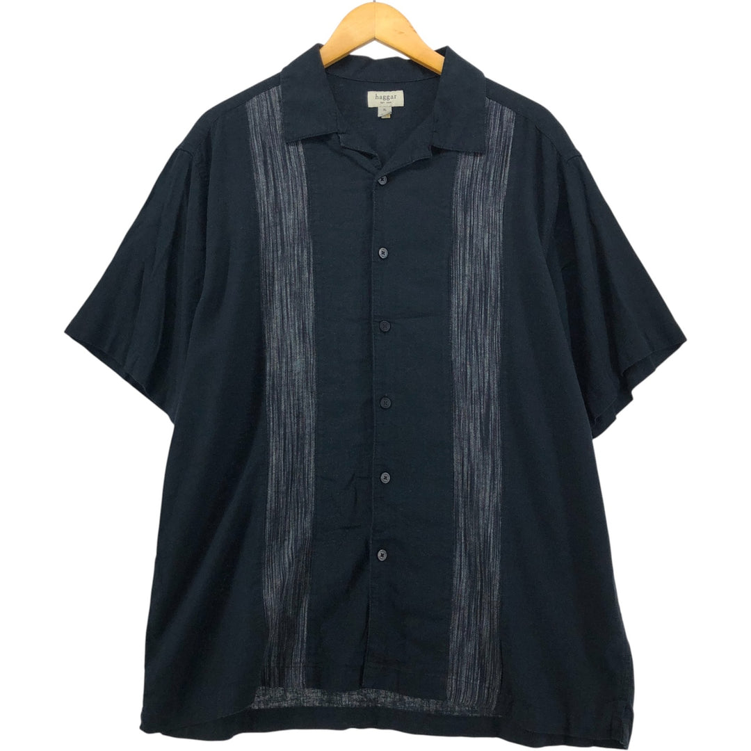 00'S Haggar Two-Tone Short Sleeve Open Collar Rayon and Linen Box Shirt, Men's Size XL linen black type Vintage Second Hand