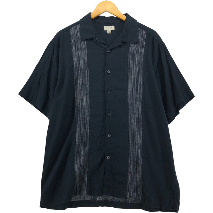 00'S Haggar Two-Tone Short Sleeve Open Collar Rayon and Linen Box Shirt, Men's Size XL linen black type Vintage Second Hand