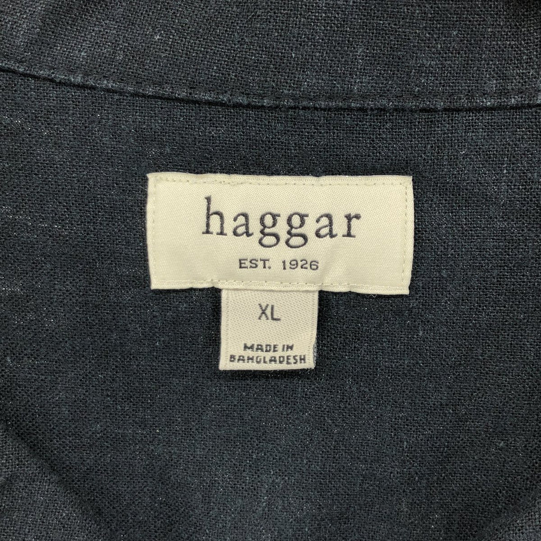 00'S Haggar Two-Tone Short Sleeve Open Collar Rayon and Linen Box Shirt, Men's Size XL linen black type Vintage Second Hand
