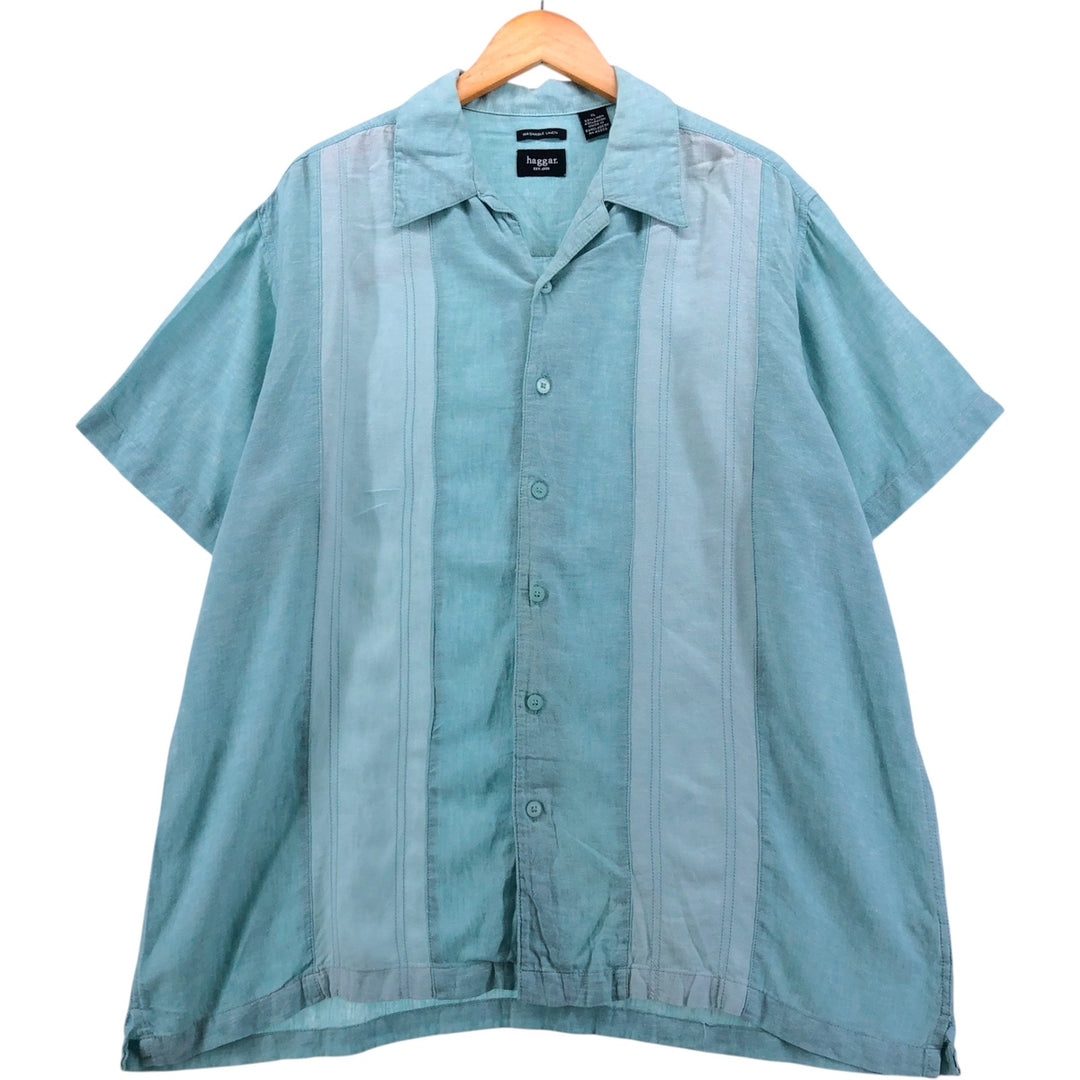 90s-00'S Haggar Washable Linen Two-Tone Short Sleeve Open Collar Rayon and Linen Box Shirt, Men's Size XL linen turquoise blue Vintage Second Hand