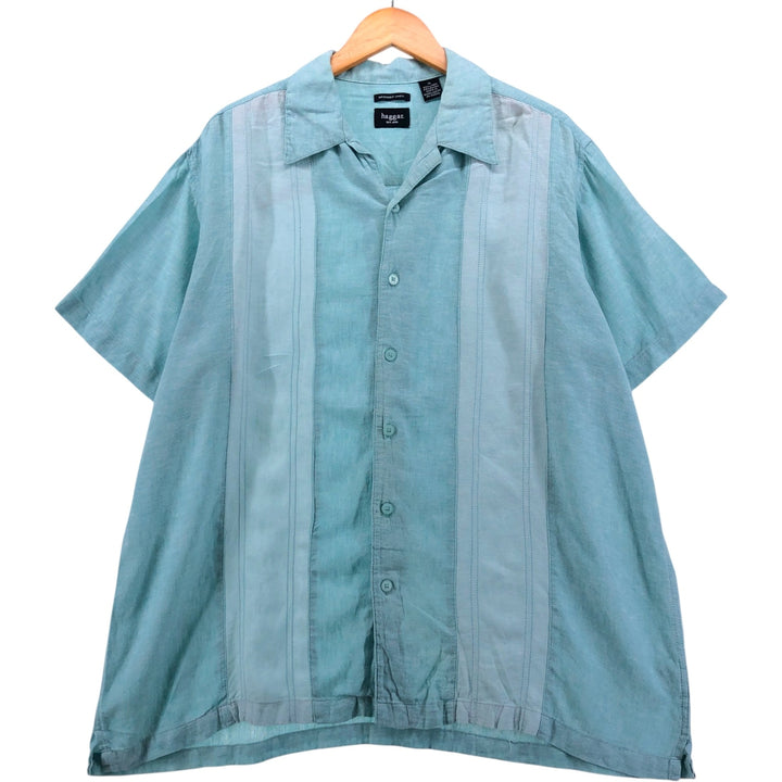90s-00'S Haggar Washable Linen Two-Tone Short Sleeve Open Collar Rayon and Linen Box Shirt, Men's Size XL linen turquoise blue Vintage Second Hand