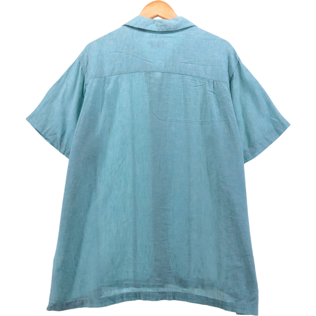 90s-00'S Haggar Washable Linen Two-Tone Short Sleeve Open Collar Rayon and Linen Box Shirt, Men's Size XL linen turquoise blue Vintage Second Hand