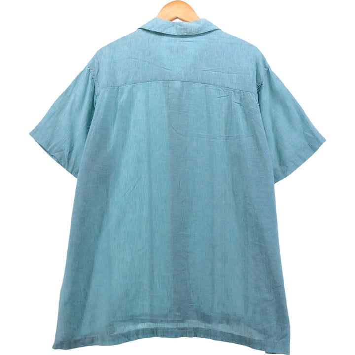 90s-00'S Haggar Washable Linen Two-Tone Short Sleeve Open Collar Rayon and Linen Box Shirt, Men's Size XL linen turquoise blue Vintage Second Hand