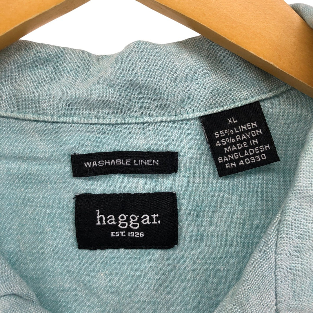 90s-00'S Haggar Washable Linen Two-Tone Short Sleeve Open Collar Rayon and Linen Box Shirt, Men's Size XL linen turquoise blue Vintage Second Hand