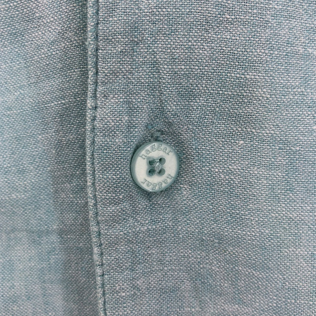 90s-00'S Haggar Washable Linen Two-Tone Short Sleeve Open Collar Rayon and Linen Box Shirt, Men's Size XL linen turquoise blue Vintage Second Hand